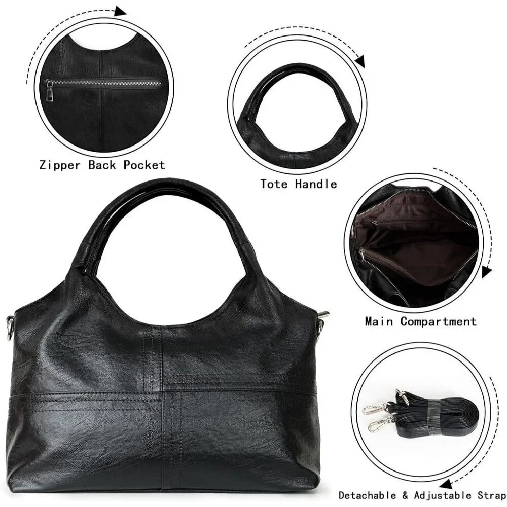 Women's Black Vegan Leather Purse Detachable Satchel Strap Hobo Bags